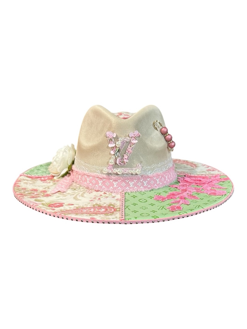 Embellished Wide-Brim Hat in Cream with Pink & Green Accents